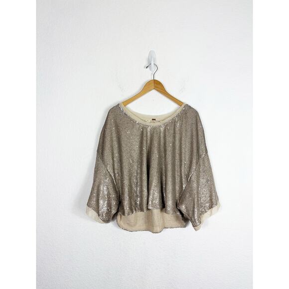Free People Champagne Dreams Tee Small Neutral Gold Sequin Oversized Cropped - Picture 3 of 13
